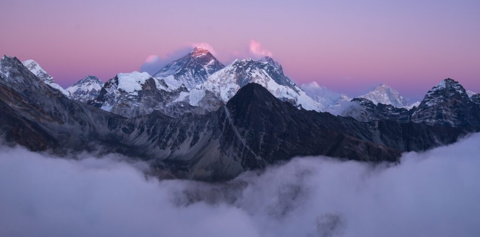 Snow-covered Mount Everest summit